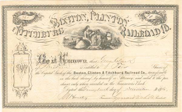 Boston, Clinton and Fitchburg Railroad Co. - Stock Certificate